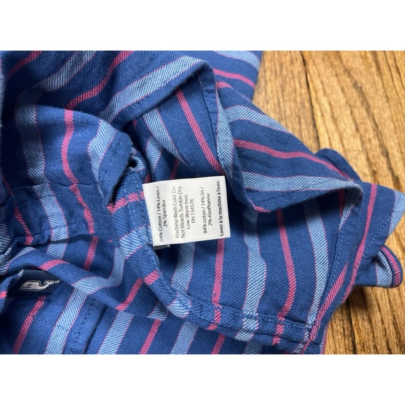 Vineyard Vines Long Sleeve Button Up Blue Pink Striped Shirt Linen Blend Sz XL - Picture 3 of 6